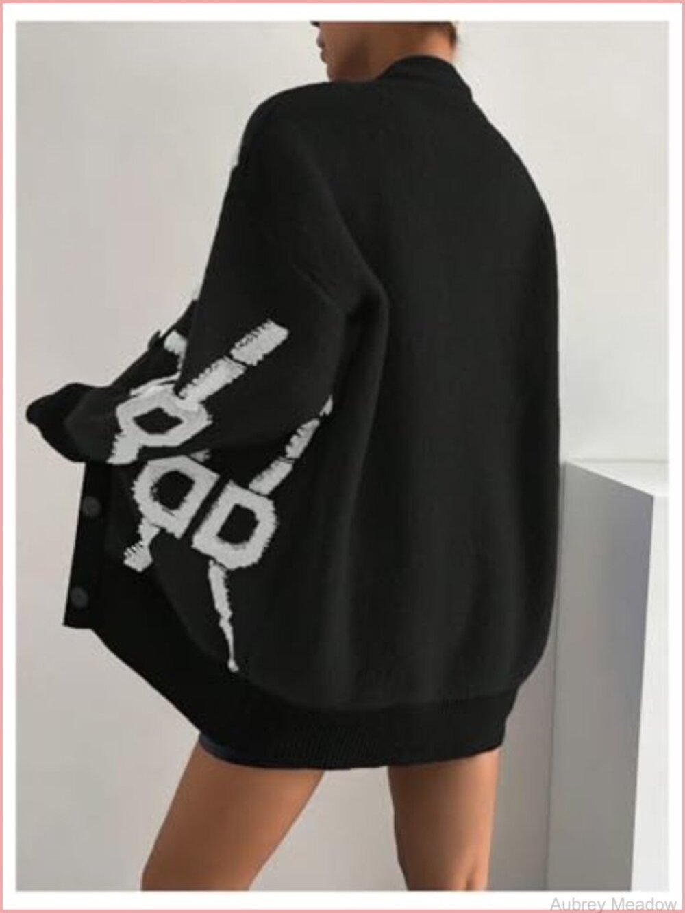 Button Up V Neck Lantern Sleeve Graphic Cardigan Loose Outerwear - Picture 3 of 5